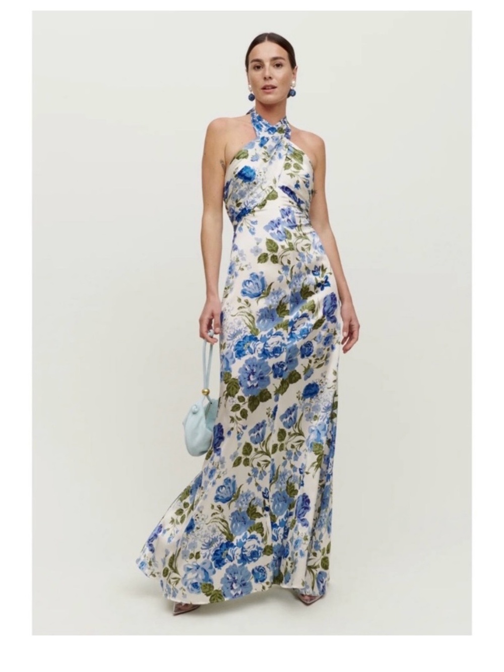 Reformation Blue and White Floral Halter Maxi Gown